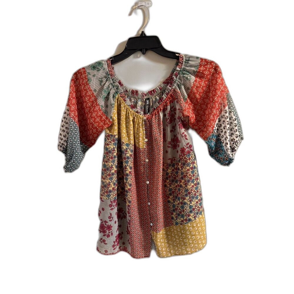 Zara Boho Patchwork‎ Floral Button-Front Peasant Blouse Size L